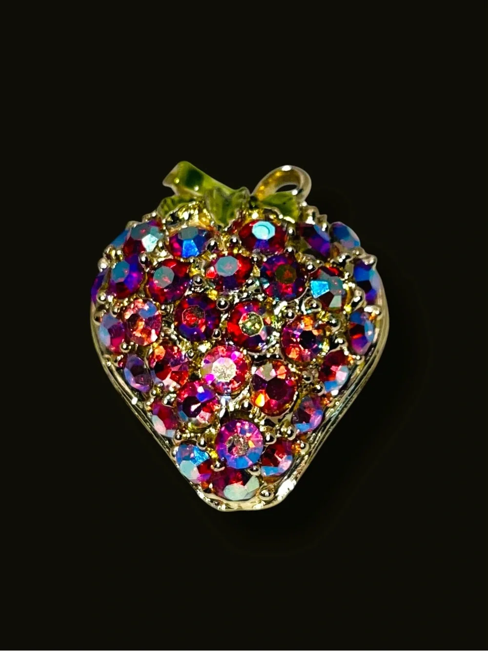 Dazzling Vintage Aurora Borealis Rhinestone Strawberry Brooch Iridescent Pink